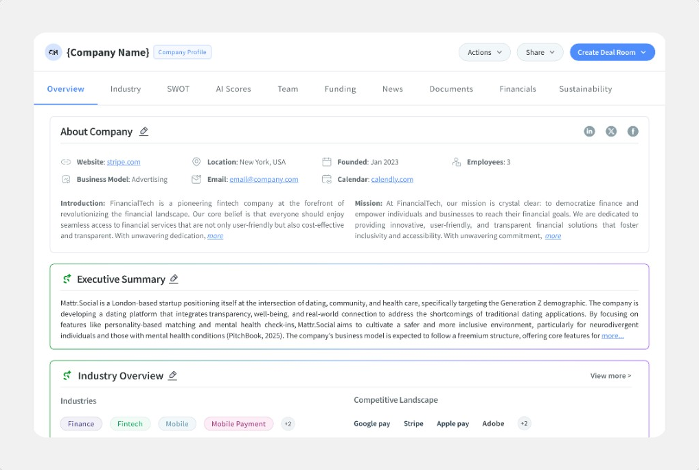 Company profile with Create Deal Room action
