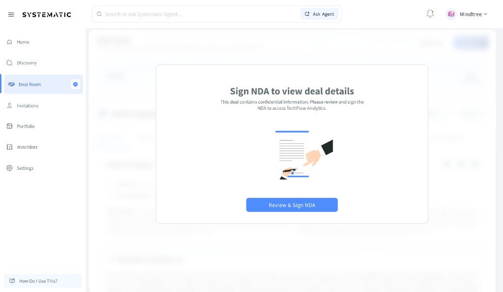 NDA gate review and sign experience inside Deal Room