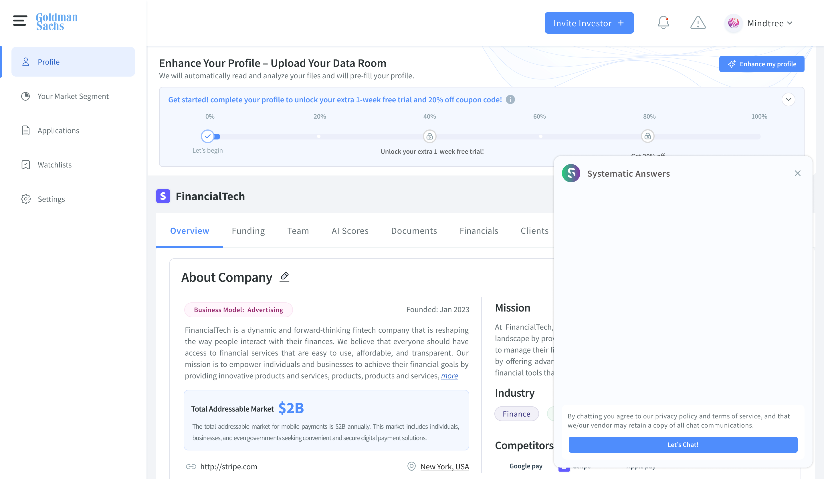 Design v1 - empty Systematic Answers chat panel over company profile