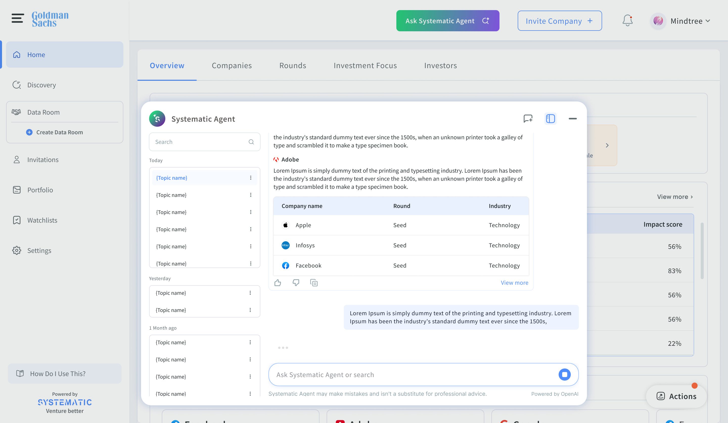 Design v3 - chat with history sidebar and structured table responses