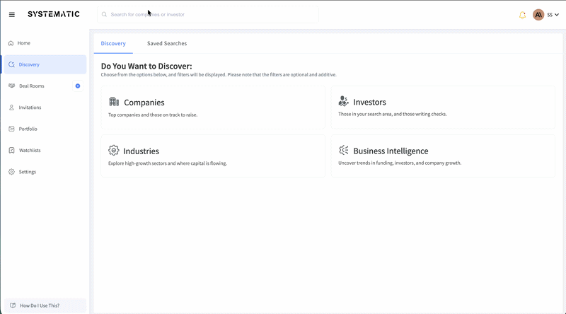Screen recording of filter-heavy discovery workflow across companies and profiles